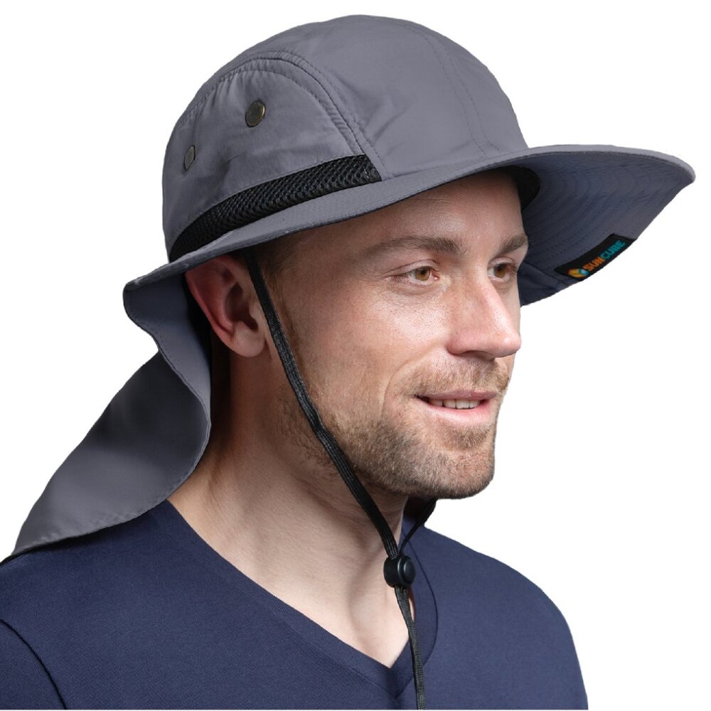 SUN CUBE unisex Wide Brim Sun Hat with Neck Flap, UPF50+  gray One size